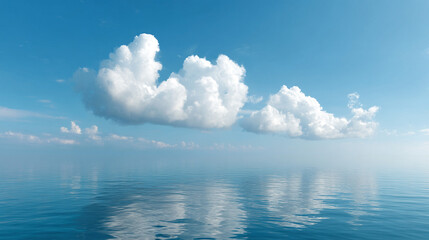 Poster - Serene sky with fluffy white clouds floating above calm blue water, peaceful atmosphere, soft reflections, tranquil scene, clear horizon, natural beauty