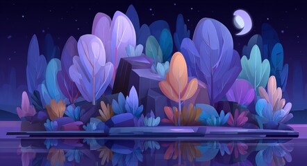Poster - The dark neon background of this futuristic night landscape is offset by the soft glow of moonlight, the shine of neon blue light, and the reflection of light in the water, which illuminates an