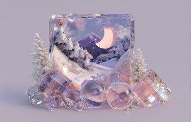Poster - The 3D render presents an abstract winter scene that combines geometric shapes, a podium, and an arch, all set in a surreal environment with natural lighting