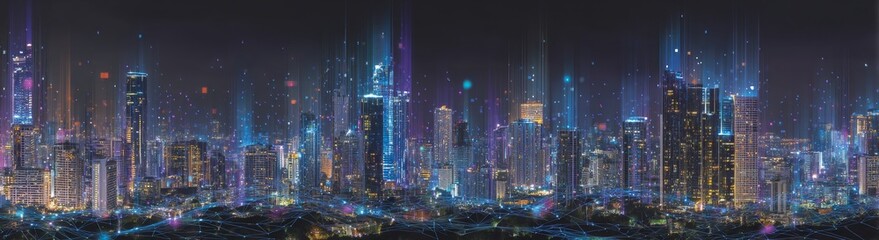 Poster - The concept of a smart city is represented by a dot point connected with a gradient line, symbolizing the integration of connection technology and the metaverse, as depicted in a night city banner of