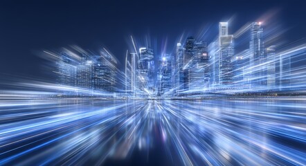 Poster - The concept of a smart city is represented by a dot point connected to a gradient grid line, symbolizing the integration of connection technology and metaverse ideas, set against the backdrop of a