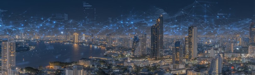 Poster - The concept of a smart city is represented by a banner with a dot point connected by a gradient line, symbolizing the link between technology and the metaverse, set against the backdrop of Bangkok at