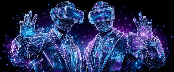 Poster - A teenager is enjoying themselves while playing an Esport game using VR virtual reality glasses set against a futuristic neon-colored backdrop, symbolizing the future of metaverse digital technology