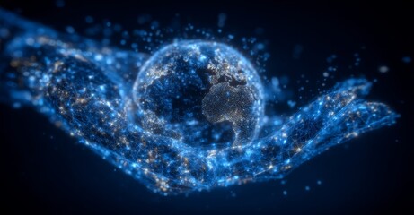 Poster - A global virtual internet world connection is being held in the hand, showcasing metaverse technology network digital communication and worldwide networking on a 3D background, with elements