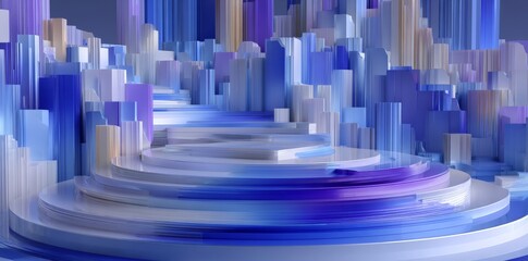 Poster - A 3D rendering featuring an abstract geometric background in purple and blue hues, fitting for a cyberpunk concept, is suitable for various scenes including advertising, technology showcases,