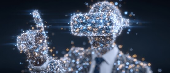 Poster - The scene features a businessman in a VR virtual reality headset, his hand extended to touch a virtual screen displaying a diagram of global connections on a dark background, highlighting themes of