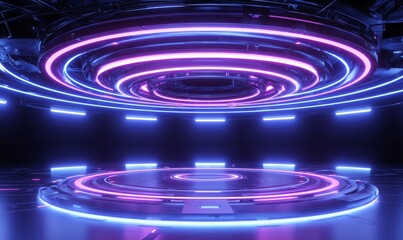 Poster - A technology and sci-fi concept is represented through a 3D illustration rendering of a spaceship laboratory's interior architecture, which includes an empty podium for cyberpunk product