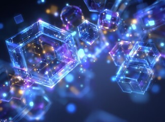 Poster - Technology of the future featuring geometric shapes with multiple sides, alongside global network communication and wireless connectivity