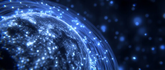 Poster - Viewed from space, telecommunication technology encompasses connections that span the entire Earth, incorporating elements like the internet, IoT, and cyberspace, which fuel global business,