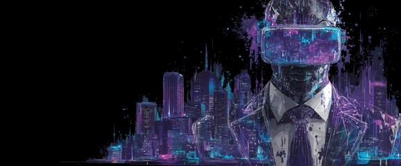 Poster - A male is enjoying himself in a digital community, where cryptocurrency and entertainment converge in a metaverse, wearing VR goggles to play a game in 3D cyberspace with a futuristic metaverse, NFT