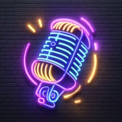 Poster - a modern illustration features a glowing neon microphone icon set against a brick wall background, s