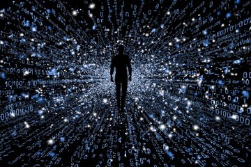 Poster - A silhouette of a man is shown standing within a digital metaverse cyberspace