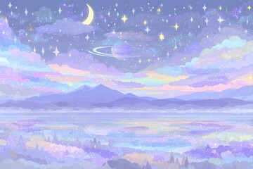 Wall Mural - digital artwork featuring a surreal night sky with a beautiful moon and stars in a colorful anime st