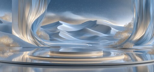 Poster - A 3D render depicts a desert scene with glossy metallic arches and geometric design, alongside an abstract dune cliff made of sand and a metallic podium stand platform