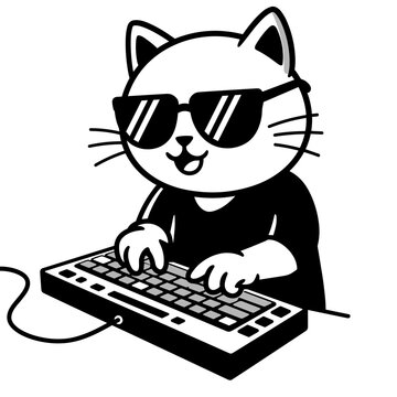 Cool cat wearing sunglasses typing on a keyboard, humorous illustration, gaming concept, copy space