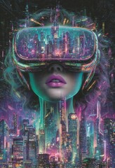 Poster - Illustration of a woman within a virtual metaverse space, representing virtual gaming and augmented reality concepts