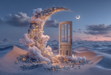 Poster - A 3D rendering brings to life a surreal night desert landscape, where abstract sand dunes are mirrored in a square, juxtaposed with yellow neon light and a starry sky, creating a portal to a parallel