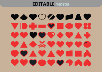 Poster - Collection of Geometric Shapes and Heart Icons in Red and Black Colors Editable Vector Design for Valentine s Day and Love Related Concepts