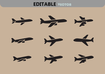 Poster - Collection of Black Airplane Icons in Vector Format Showing Different Aircraft Designs Suitable for Travel Transportation or Aviation Related Projects and Designs