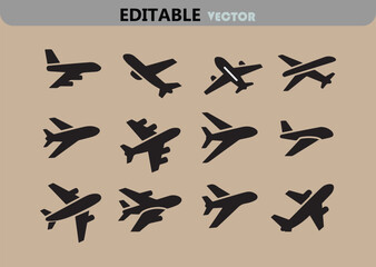 Poster - Collection of Airplane Icons in Black Silhouette on a Beige Background Representing Air Travel Aviation and Transportation in a Simple and Modern Design
