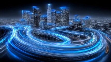 Poster - Cityscape of the future featuring a digital highway and vehicles