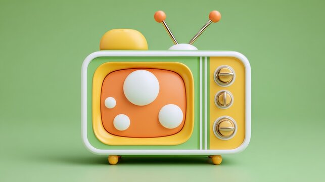 A 3D rendered composition featuring a cute, old classical television with a minimal TV monitor graphic element design set against a solid blue-green background with empty space, presented as a