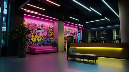 Poster - modern office lobby with bright neon accents and graffiti