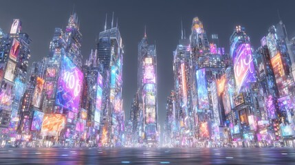 Poster - Neon lights and innovative architecture bring to life a vibrant futuristic cityscape within a lively metaverse