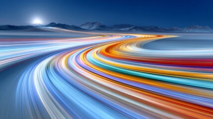 Poster - The desert's surreal landscape is heightened by the jarring juxtaposition of the dark highway and the radiant paths created by the headlights of moving vehicles