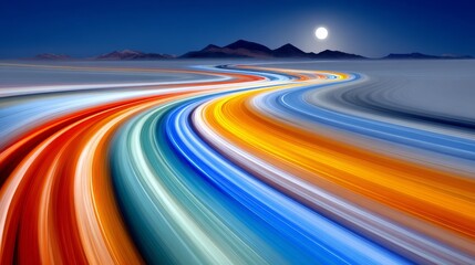 Poster - The desert's dreamlike landscape becomes even more surreal due to the sharp contrast between the somber darkness of the highway and the dazzling light trails generated by the passage of cars
