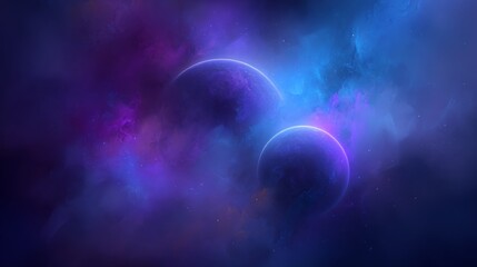 Fototapete - A dark retro futuristic art neon abstraction background featuring a 3D cartoon rendering of a glowing galaxy with blue circles and planets in a starry sky
