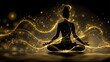 © neiros - A meditating figure's silhouette is bathed in golden light and encircled by radiant energy particles, embodying enlightenment, spiritual power, and balance within a surreal environment, representing