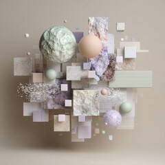 Poster - In a dreamlike setting, vibrant geometric shapes are suspended, displaying complex patterns and gentle shadows against a plain background, forming a visually stunning image
