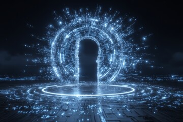 Poster - A digital environment features a glowing neon door encircled by holographic lines