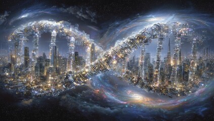 Poster - Abstract digital artwork showcases DNA strands in a fantastical, science-inspired journey through a vibrant, cosmic urban landscape