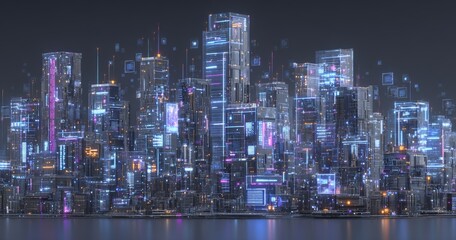 Poster - Data blocks and spheres in cyberspace's metaverse include a New York cityscape