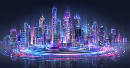 Poster - The cityscape of New York, data blocks, and spheres exist in cyberspace, metaverse