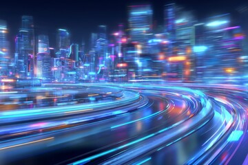 Poster - Through a smart modern mega city and a town filled with skyscrapers, speed light trails a path with a neon futuristic technology background, incorporating future virtual reality, motion effect, and