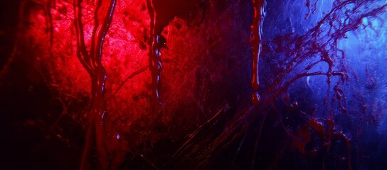 Poster - a dark grainy background features a blurred abstract gradient with a red orange violet glow, accompa