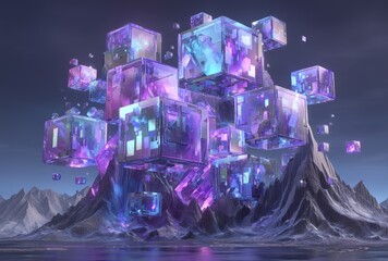 Poster - A futuristic scene featuring low-polygon mountains bathed in neon light set against a gradient backdrop, evoking immersion in a surreal digital cyber realm, as depicted in a 3D rendering, available