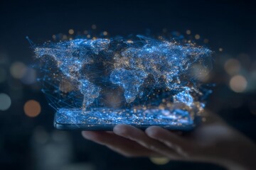 Poster - A woman's hand holds a cellphone with a glowing hologram of the globe on a blurred blue background, illustrating the concept of a digital earth and the metaverse