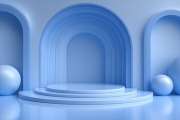 Poster - The abstract design of unrealistic walls and buildings in blue and white, set against a blue sky, creates a modern heaven paradise often found in stock imagery