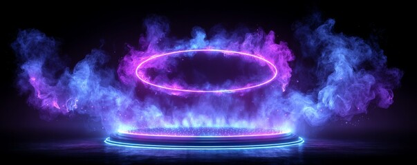 Poster - A dark background serves as the setting for a futuristic concept, complete with glowing neon ring smoke effects, a magical and surreal game portal shrouded in haze, and an empty blue podium floating