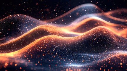 Poster - Abstract background with glowing particles forming wavy lines in a dark space landscape design