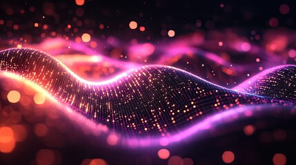 Poster - Abstract waves of glowing particles in pink and orange with bokeh effect on a dark background