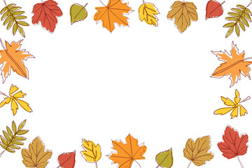 Wall Mural - Autumn frame with leaves of different trees. Sketch, doodle, design elements. Vector illustration of hand drawn colorful leaves icons on white background