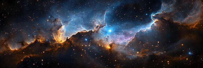 Wall Mural - Vast black void with glowing stars and a swirling deep blue and purple nebula in the background creating a mysterious cosmic atmosphere