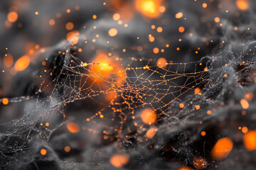 A spiderweb glistening with ash and tiny embers