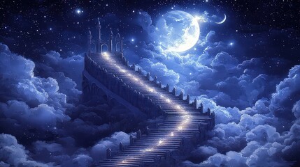 Wall Mural - Stairway to the moon a magical journey through clouds fantasy landscape night sky dreamlike viewpoint