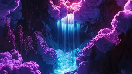 Canvas Print - Enchanting waterfall in a colorful cavern surreal landscape digital art dreamlike environment aesthetic viewpoint